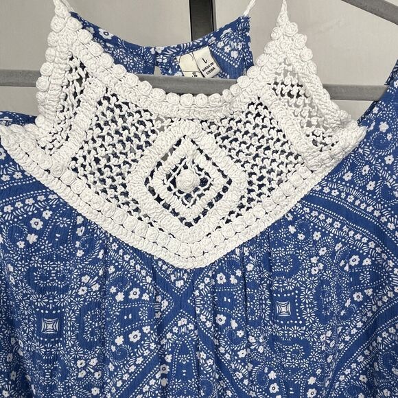 Speechless Top Crochet Tunic Cold Shoulder Blue White Large Boho Hippie Romantic - Picture 2 of 4
